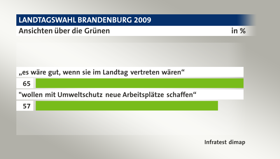 Ansichten über die Grünen, in %: „es wäre gut, wenn sie im Landtag vertreten wären“ 65, 