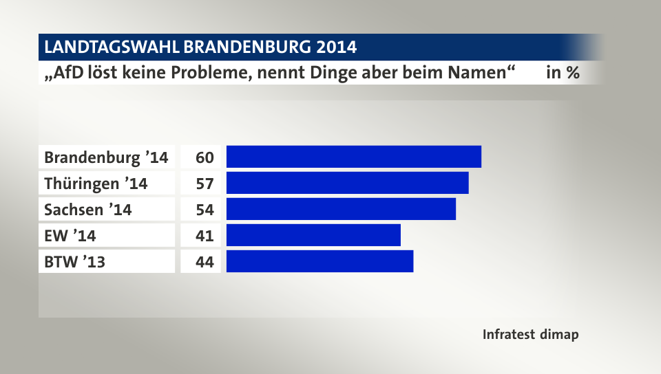 „AfD löst keine Probleme, nennt Dinge aber beim Namen“, in %: Brandenburg ’14 60, Thüringen ’14 57, Sachsen ’14 54, EW ’14 41, BTW ’13 44, Quelle: Infratest dimap