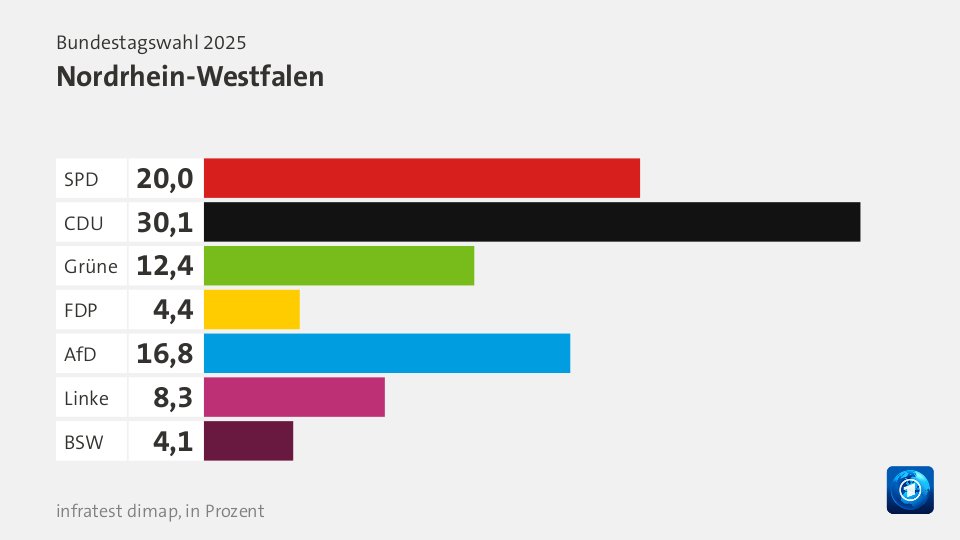 VorlaeufigesEndergebnis, : SPD 20,0; CDU 30,1; Grüne 12,4; FDP 4,4; AfD 16,8; Linke 8,3; BSW 4,1; Quelle: Bundeswahlleiterin