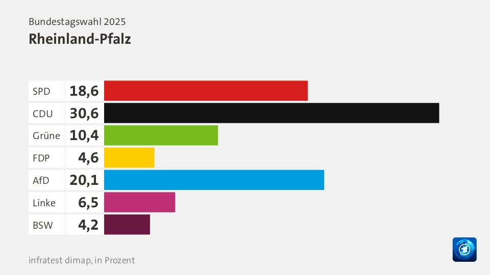 VorlaeufigesEndergebnis, : SPD 18,6; CDU 30,6; Grüne 10,4; FDP 4,6; AfD 20,1; Linke 6,5; BSW 4,2; Quelle: Bundeswahlleiterin