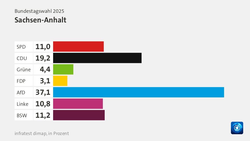 VorlaeufigesEndergebnis, : SPD 11,0; CDU 19,2; Grüne 4,4; FDP 3,1; AfD 37,1; Linke 10,8; BSW 11,2; Quelle: Bundeswahlleiterin